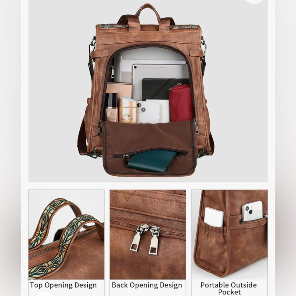 Fadeon Brown Backpack Tote With Patterned Canvas … - image 3